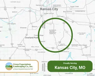 Green Expectations service area map of Kansas City, Missouri, centered on Brookside, Waldo, and the Plaza
